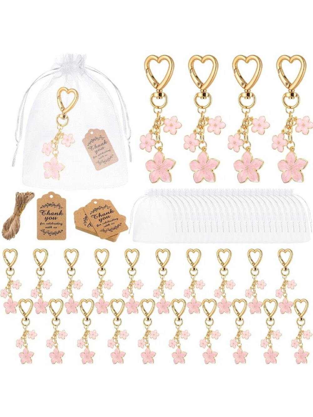 24 Pink Flower Keychains Set - Cherry Blossom Party Favors & Purse Charms